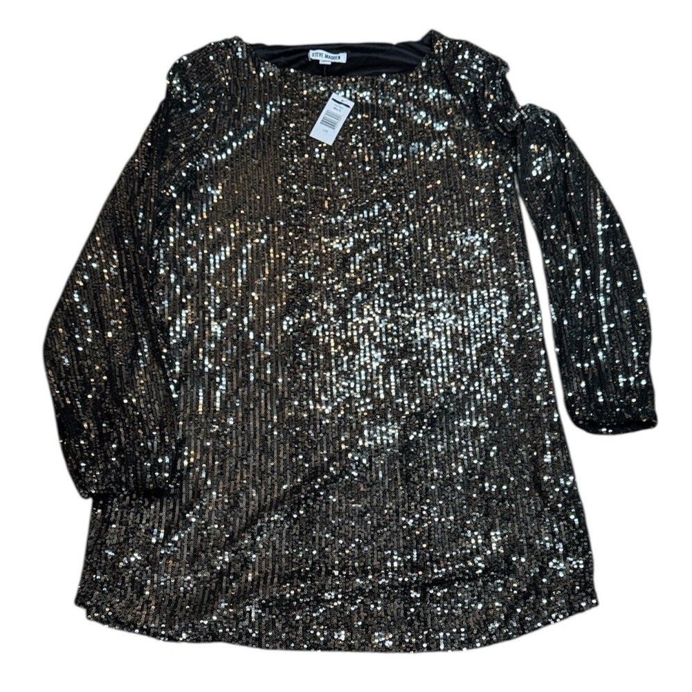 NWT Steve Madden Glittering Black Silver Sequin Shiny Long Sleeve Dress sz L